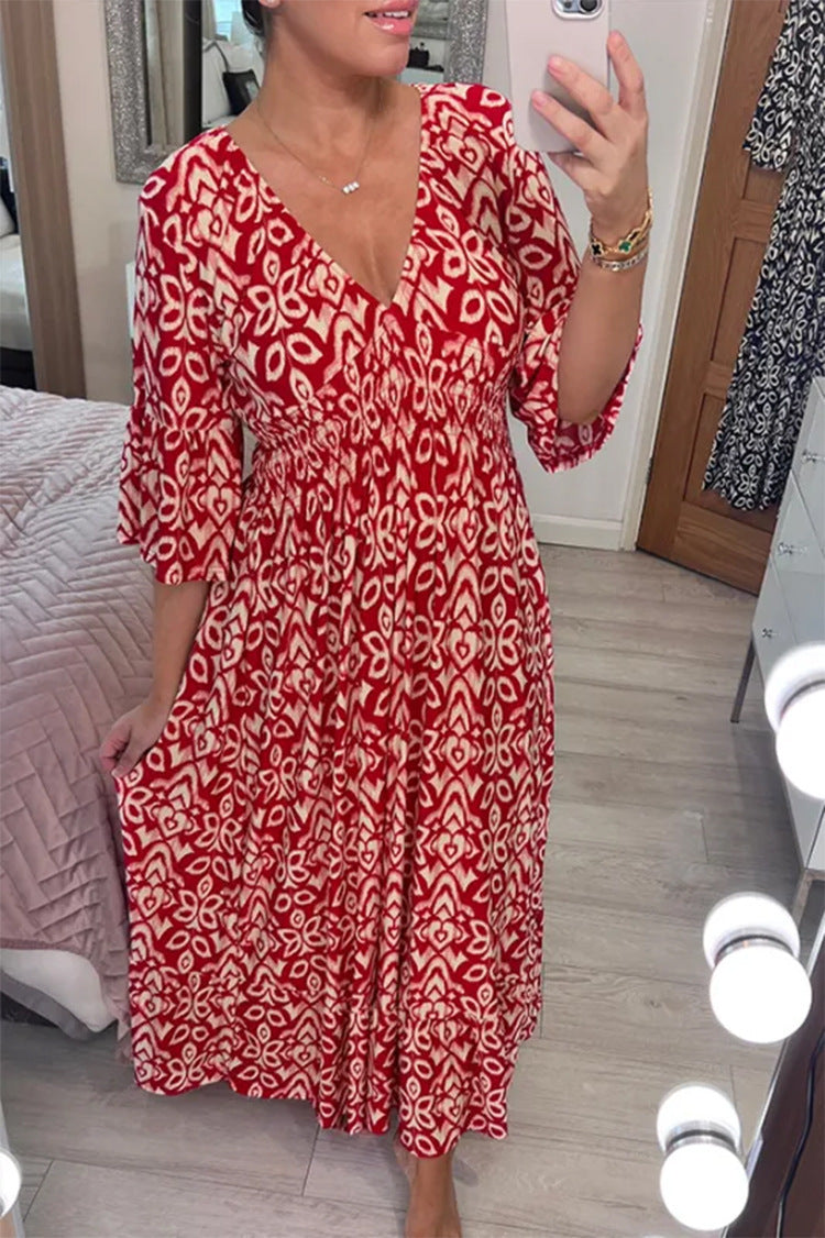 Damen Boho‑Maxikleid mit Smoktaillenband, Wickeloptik‑Dekolleté und Volantärmeln Shop Nory