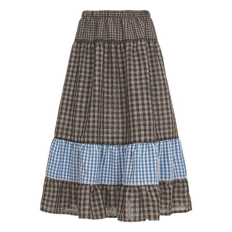 Damen nan mehrlagiger Baumwoll-Stufenrock mit elastischem Taillenbund, kontrastierendem Gingham-Band und Volant Shop Nory