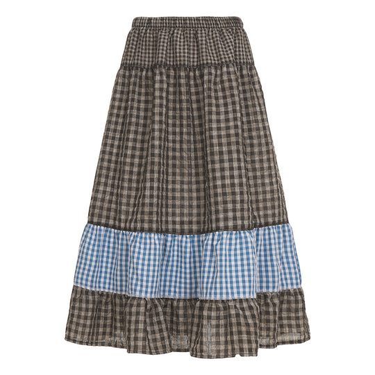 Damen nan mehrlagiger Baumwoll-Stufenrock mit elastischem Taillenbund, kontrastierendem Gingham-Band und Volant Shop Nory