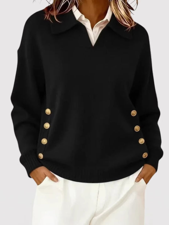 Damen Modischer Strickpullover mit Kragen und Knopfdetails