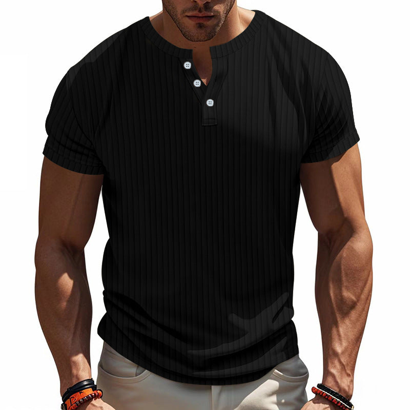 Herren Kurzarm Henley-Shirt mit Streifenmuster und praktischen Knöpfen