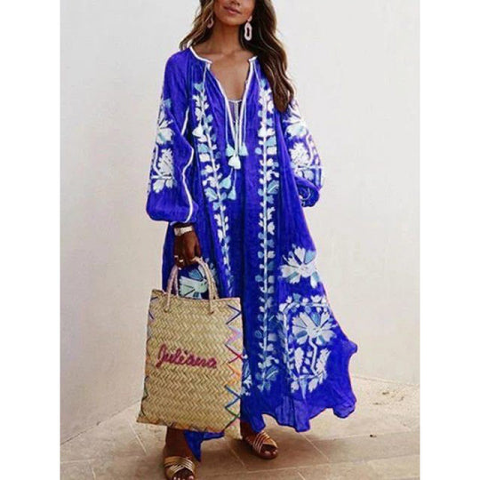 Damen Besticktes Boho-Maxikleid mit Ballonärmeln und Quastenverschluss Shop Nory