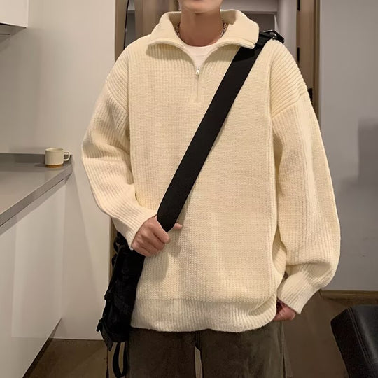 Herren Weicher Oversize-Rippenstrick-Pullover mit verdecktem Halbzip und Polokragen Shop Nory