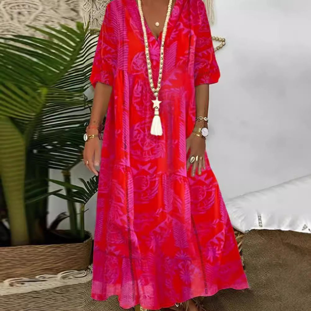 Damen elegantes Maxikleid mit floralen Motiven und V-Ausschnitt