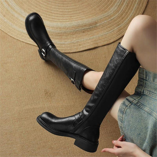 Damen Kniehohe Lederoptik-Stiefel mit verstellbaren Zierschnallen Shop Nory