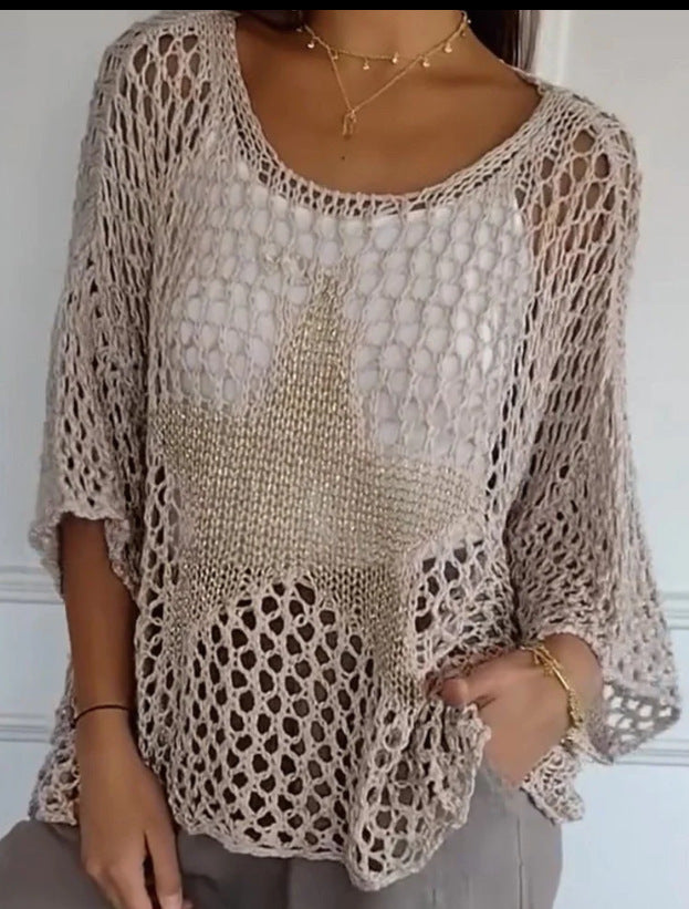 Damen nan oversized gehäkelter Pullover mit Sternapplikation und 3/4-Ärmeln Shop Nory