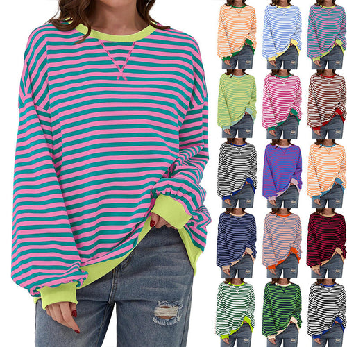 Damen lässiger Oversized Sweatshirt mit bunten Streifen und Kapuzenkordel