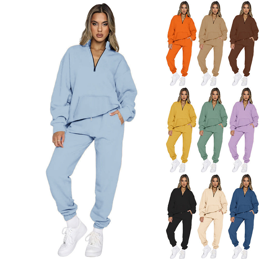 Damen nan French‑Terry Relax‑Loungewear‑Set mit halbem Reißverschluss, Kängurutasche und taillierter, schmal zulaufender Jogginghose Shop Nory