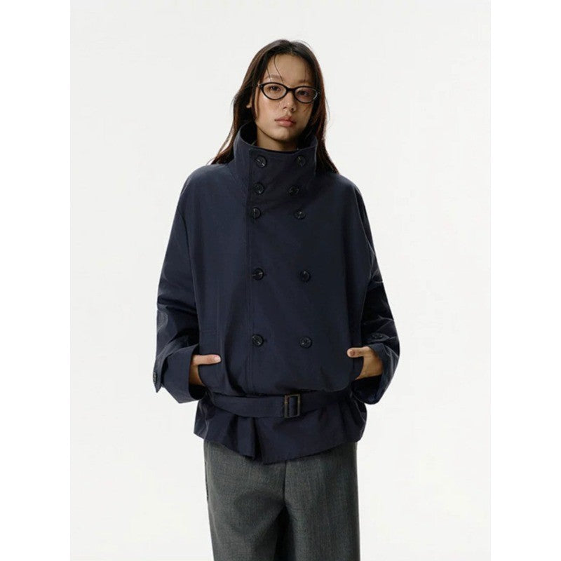 Damen Kurzjacke im Trenchstil mit doppeltreihiger Knopfleiste Taillengürtel und Stehkragen Shop Nory