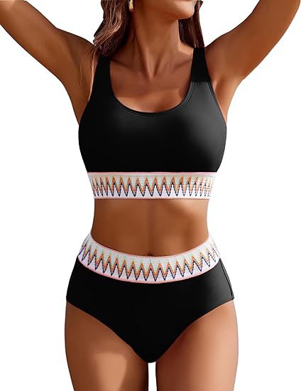 Damen Hochgeschnittener Sport-Bikini mit farbigem Bund