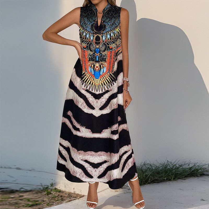 Damen Ärmelloses Maxikleid mit Statement-Halsdruck, Ethno‑Motiv und ausgestellter A‑Linien‑Silhouette Shop Nory