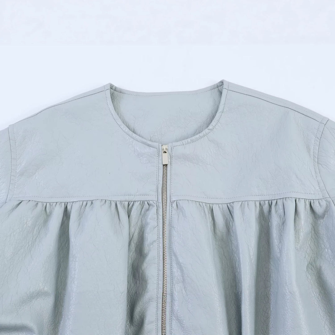 Damen Oversize-Kunstlederjacke mit Rundhals, geraffter Passe und Ballonärmeln Shop Nory