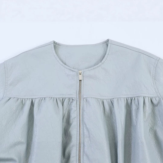 Damen Oversize-Kunstlederjacke mit Rundhals, geraffter Passe und Ballonärmeln Shop Nory