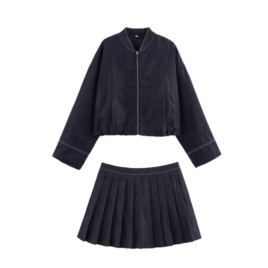 Damen Cropped Denim-Bomberjacke mit überschnittenen Ärmeln und Kontrastnaht Shop Nory