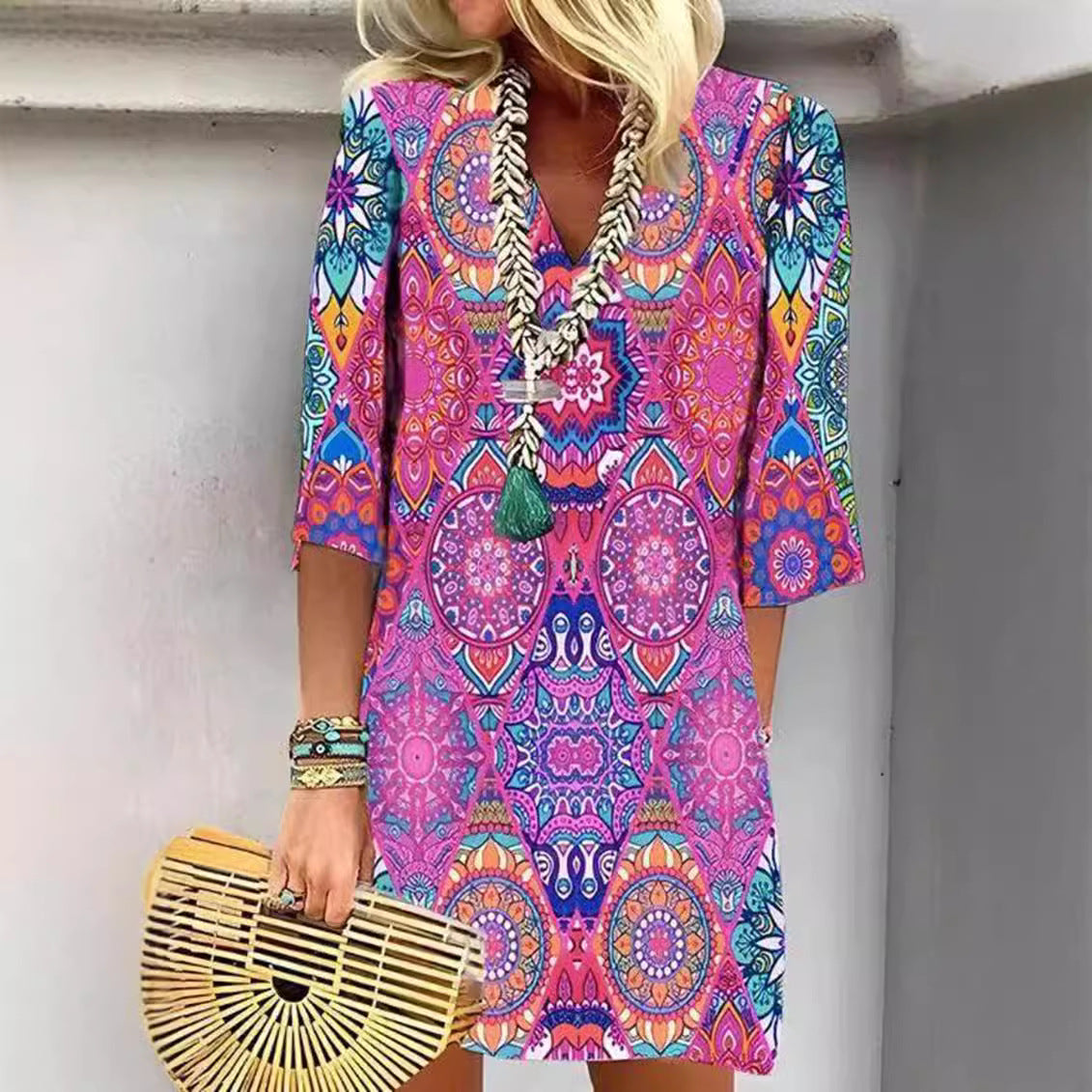 Damen nan kurzes Boho Strandkleid im Mandala-Print mit V-Ausschnitt, dreiviertel-Ärmeln und legerer A-Linie