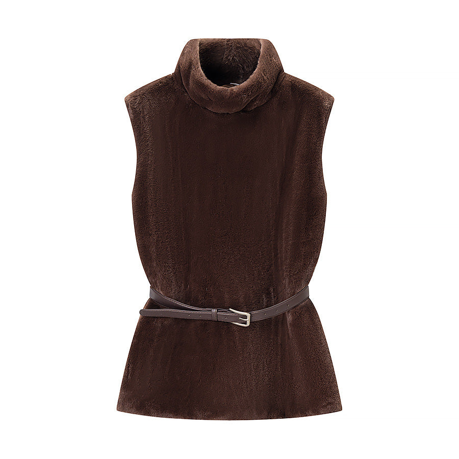 Damen Ärmellose Kunstfell-Weste mit Rollkragen und Taillengürtel Shop Nory