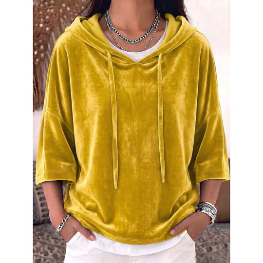 Damen Oversize Samt-Halbarm-Hoodie mit Kordelzug und Taschen Shop Nory