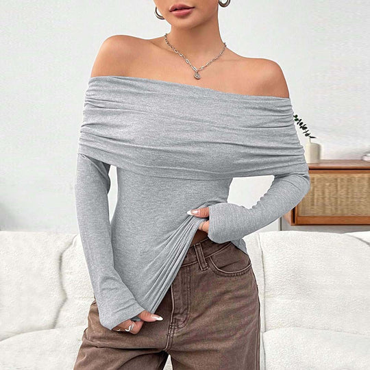 Damen eng anliegendes Off-Shoulder Rippstrick-Longsleeve mit gerafftem Wasserfall-Ausschnitt und Daumenloch Shop Nory