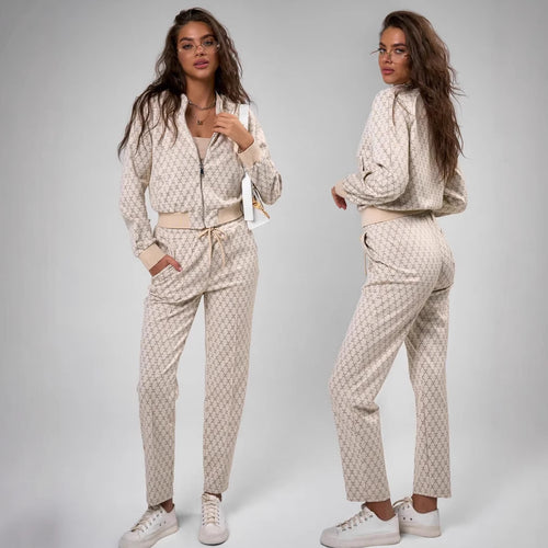 Damen jacquard Lounge-Set mit kurzer Bomberjacke und hochgeschnittener Kordelzug-Hose Shop Nory