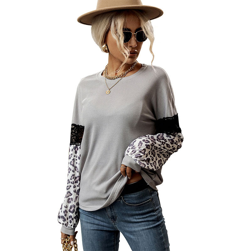 Damen Langarmshirt mit Leopardenärmeln und Spitzenbesatz Shop Nory