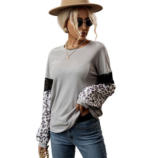 Damen Langarmshirt mit Leopardenärmeln und Spitzenbesatz Shop Nory