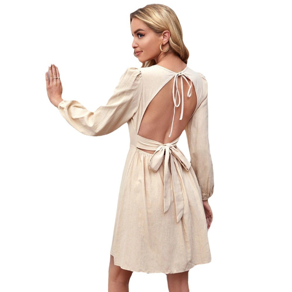 Damen rückenfreies A-Linien Kleid mit Taillenband, Neck-Tie und langen Ballonärmeln Shop Nory