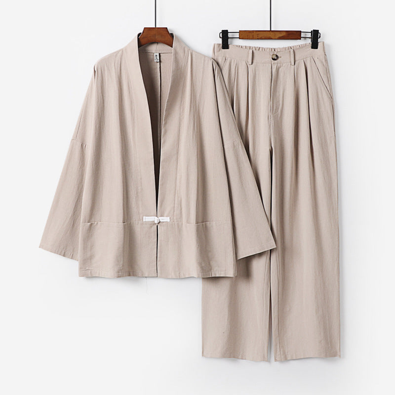 Damen Kimono-Lounge-Set aus leichtem Viskose-Leinen mit dekorativem Knebelverschluss und weiter Bundhose Shop Nory