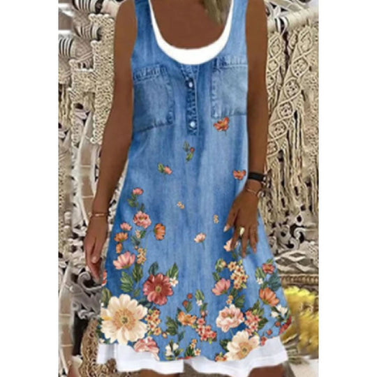 Damen Jeanskleid mit floralem Design und Knopfleiste