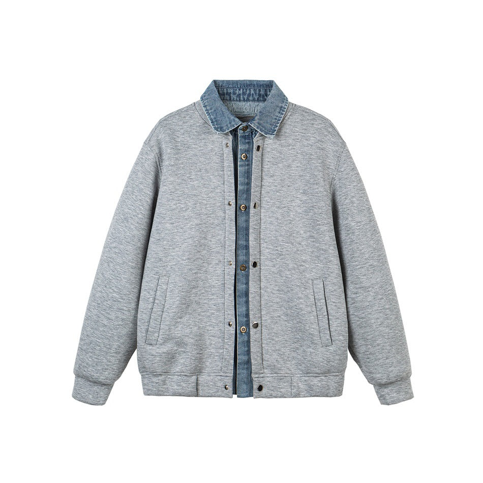 Unisex Lagenlook-Boxy Blouson mit integriertem Denim-Kragen und Druckknopfleiste Shop Nory