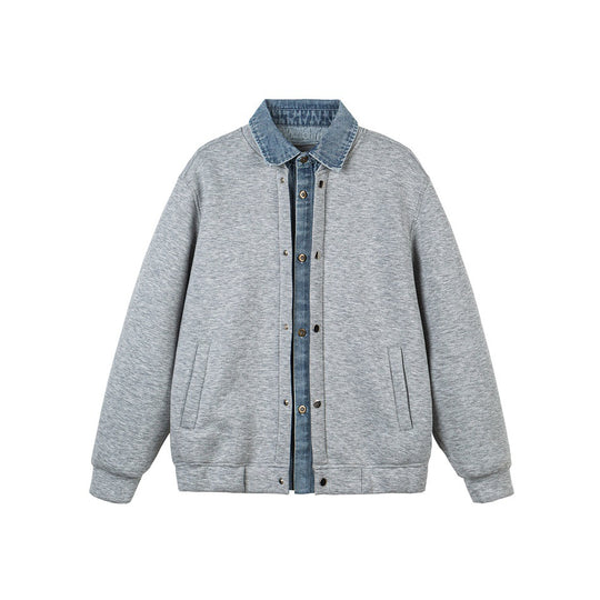 Unisex Lagenlook-Boxy Blouson mit integriertem Denim-Kragen und Druckknopfleiste Shop Nory