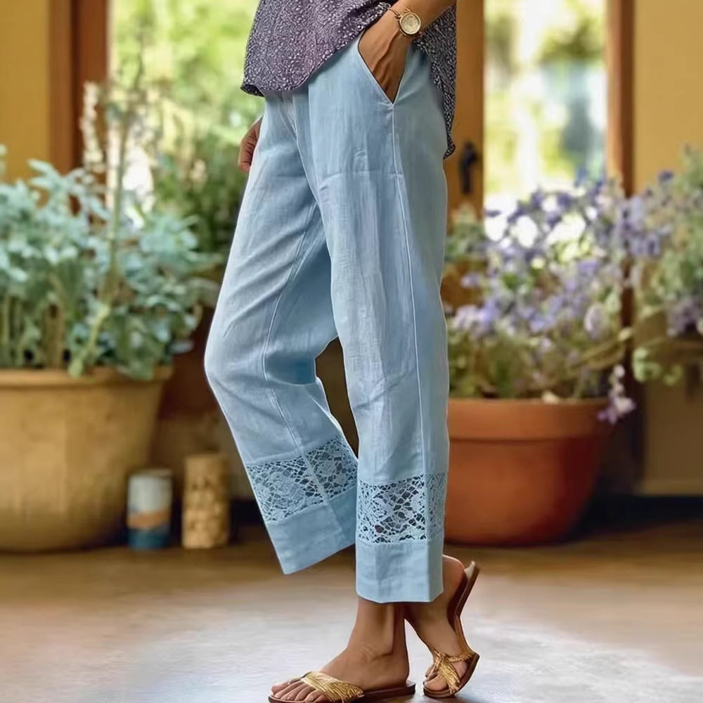Damen Leinenoptik Culotte-Hose mit Spitzeinsatz am Saum und seitlichen Eingrifftaschen Shop Nory