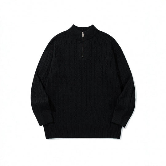Unisex Oversize Zopfstrick-Halbzippullover mit kurzem Stehkragen und breitem Rippbund Shop Nory