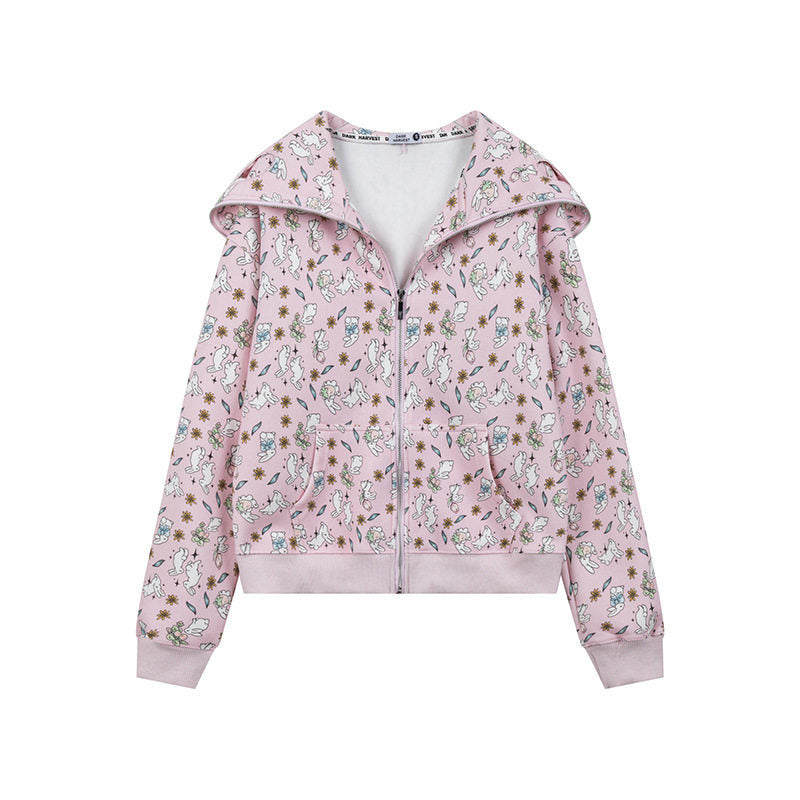 Damen Kapuzen-Sweatjacke mit Reißverschluss und niedlichem Allover-Print Shop Nory