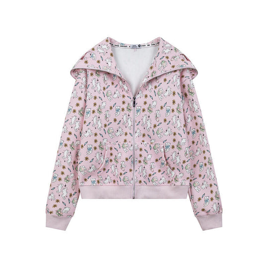 Damen Kapuzen-Sweatjacke mit Reißverschluss und niedlichem Allover-Print Shop Nory