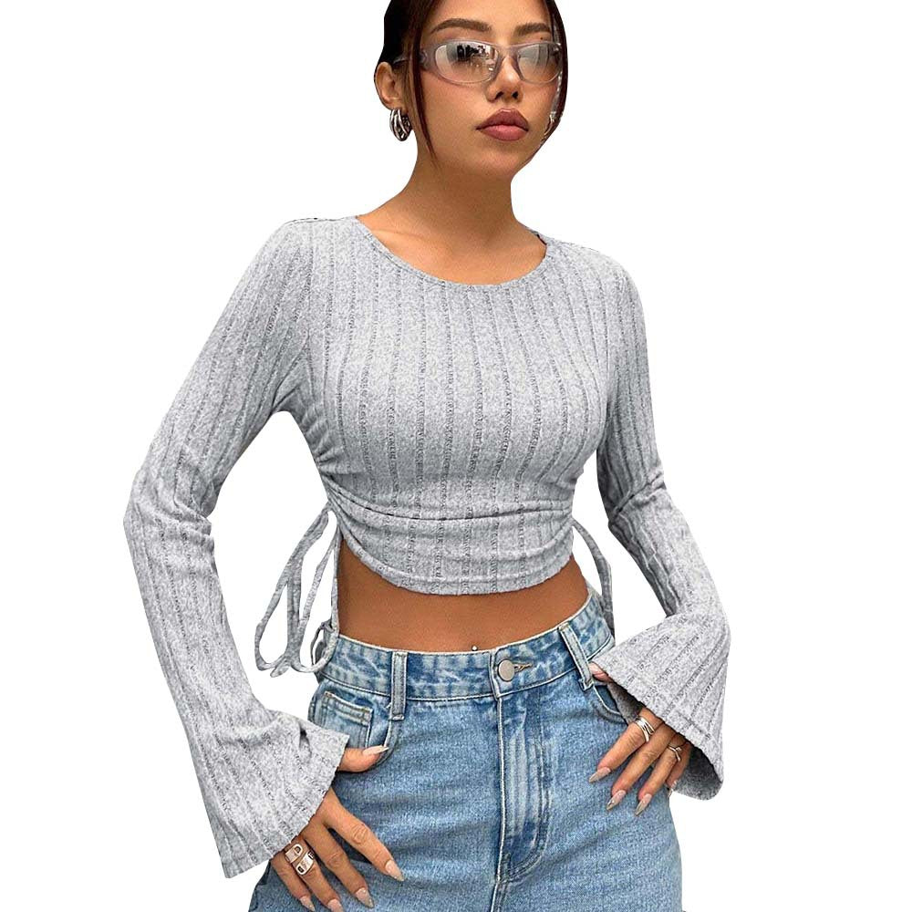 Damen geripptes Cropped-Longsleeve mit seitlicher Tunnelzugraffung, ausgestellten Ärmeln und figurbetonter Passform Shop Nory