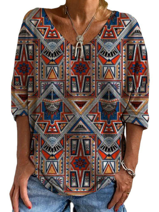 Damen Geometrische Boho-Tunika mit V-Ausschnitt und dreiviertelärmeln Shop Nory