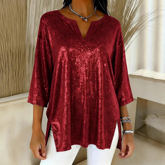 Damen Glitzerndes Oversize-Longshirt mit V-Ausschnitt und seitlichen Schlitzen Shop Nory