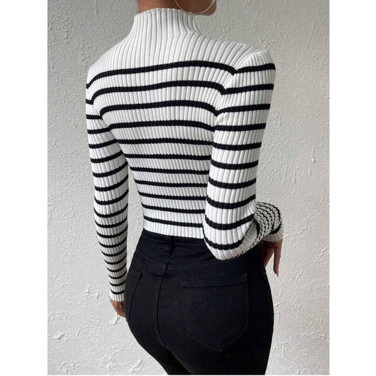 Damen Feinstrick-Pullover mit kurzem Stehkragen, Rippenstruktur und maritimen Streifen Shop Nory