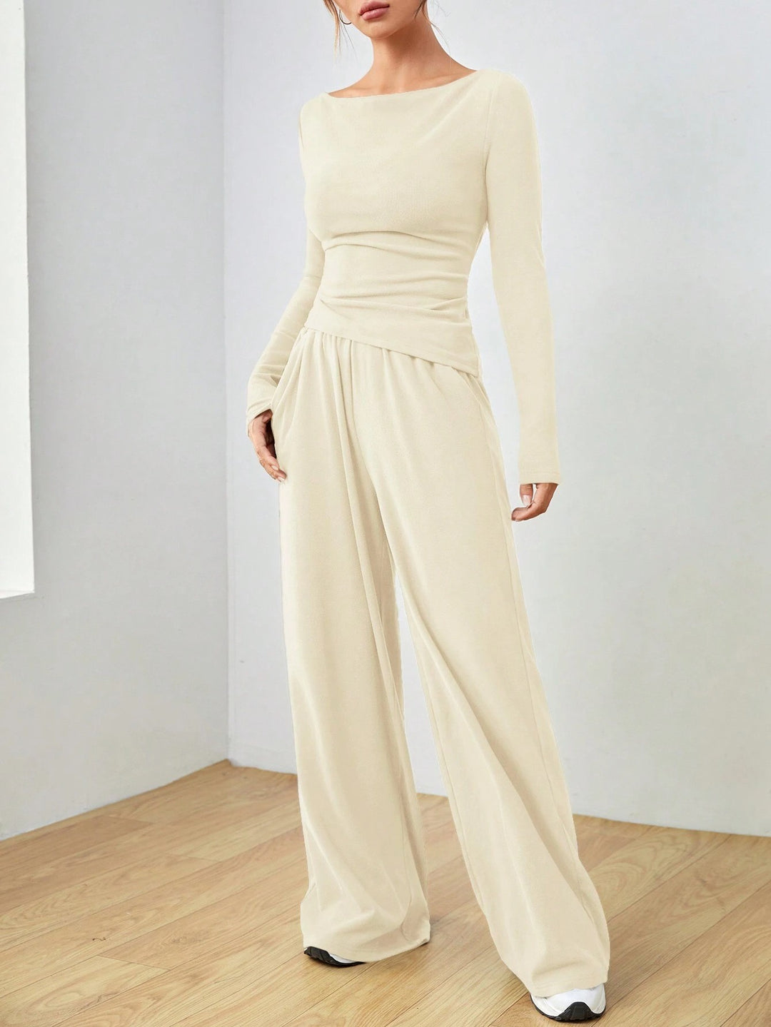 Damen Lässiges Two‑Piece Lounge‑Set mit U‑Boot‑Ausschnitt, taillierter Drapierung und weitem Palazzohose Shop Nory