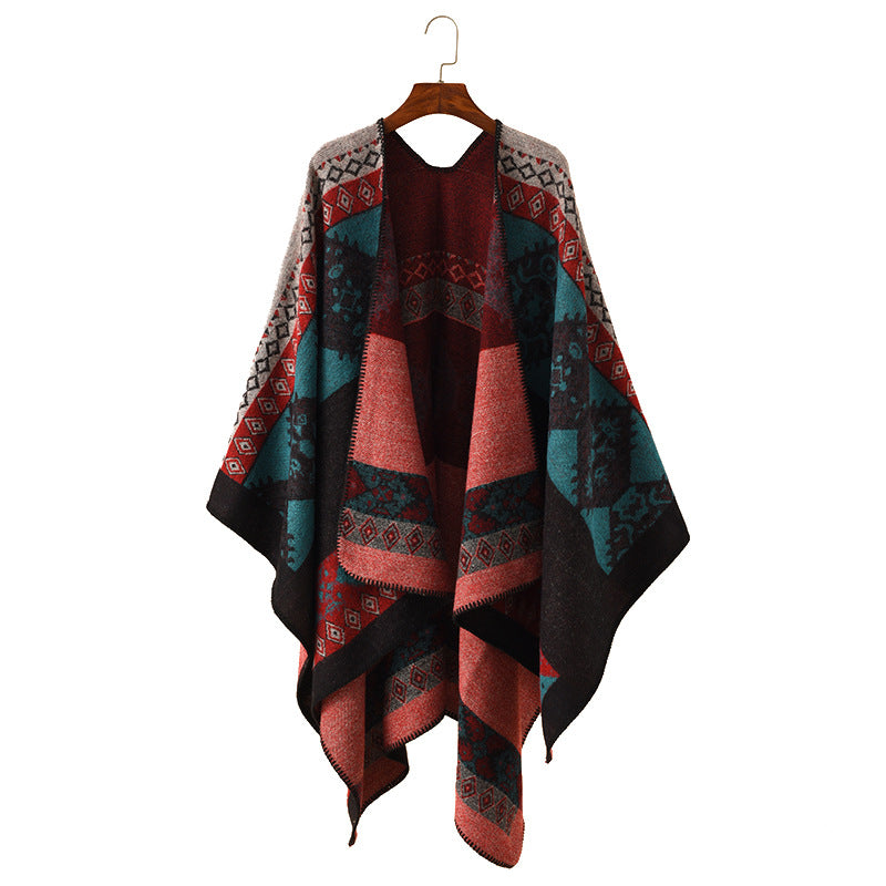 Damen Oversize Strickponcho mit folklorischem Jacquardmuster Shop Nory