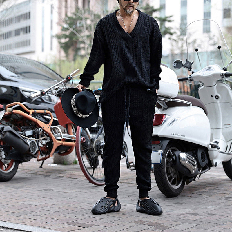 Herren Strukturiertes Strick-Loungewear-Set mit V-Ausschnitt und Tunnelzug-Jogginghose Shop Nory