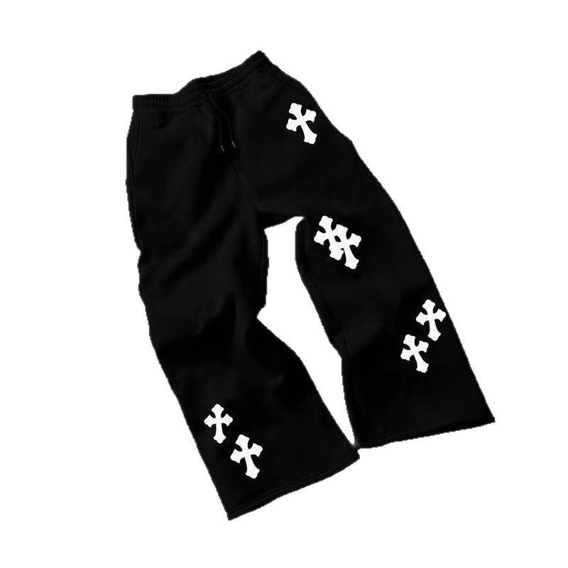 Herren Weite Sweatpants mit Gothic-Kreuz-Print, Tunnelzug & Tiefer Schritt Shop Nory