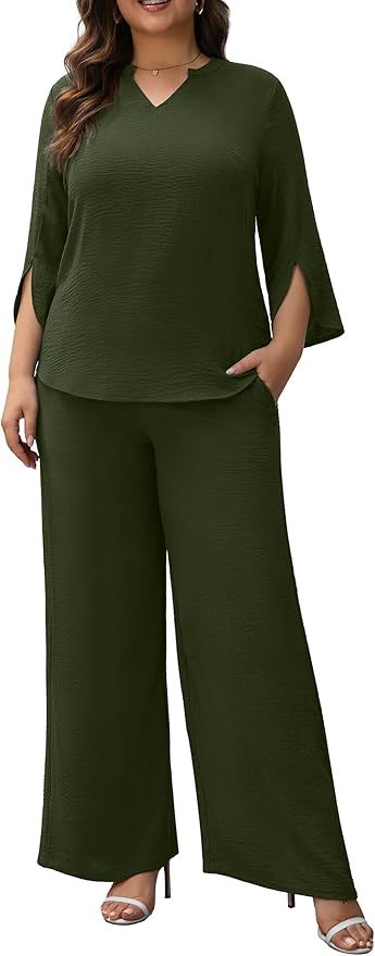 Damen Elegantes Zweiteiliges Palazzo-Set mit V‑Ausschnitt und geschlitzten 3/4‑Ärmeln Shop Nory