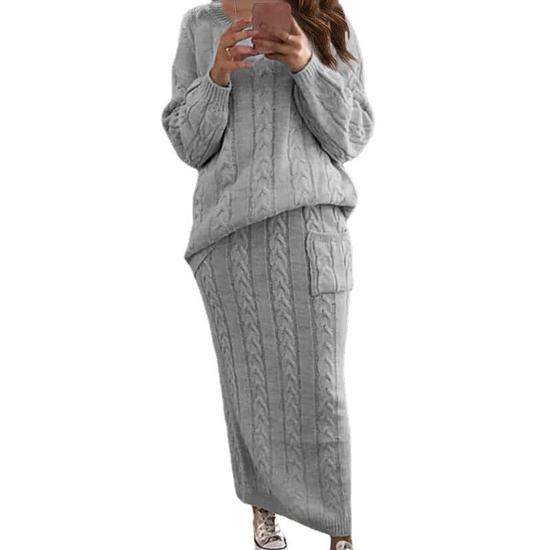Damen nan Strickset Oversized Zopfmuster-Pullover und Maxi-Bleistiftrock mit aufgesetzter Tasche Shop Nory