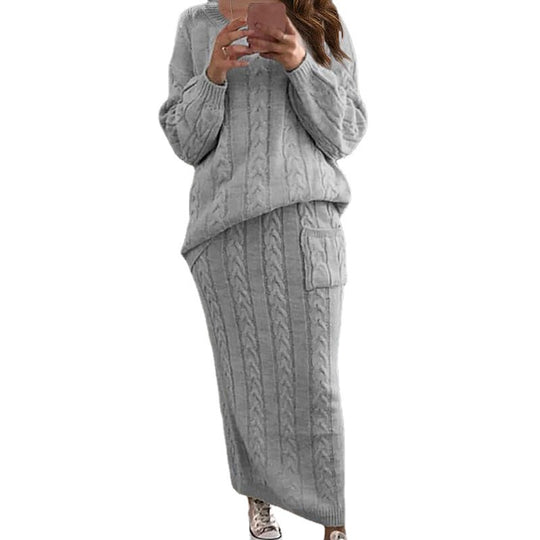 Damen nan Strickset Oversized Zopfmuster-Pullover und Maxi-Bleistiftrock mit aufgesetzter Tasche Shop Nory