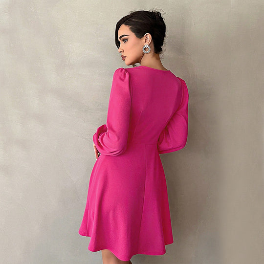 Damen kurzes A-Linien-Minikleid mit V-Ausschnitt und kleinem Ausschnittdetail, Empire-Taille und Ballonärmeln Shop Nory