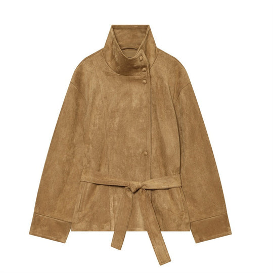 Damen Kurzjacke im Boxy-Cut aus Velourslederoptik mit hohem Stehkragen und Bindegürtel Shop Nory
