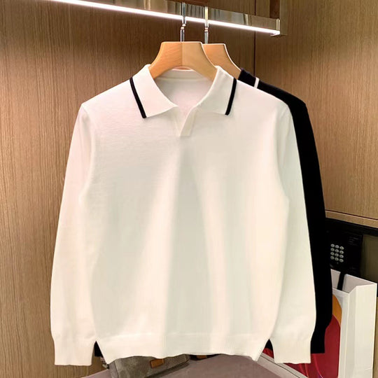 Herren Feinstrick-Polopullover mit offenem Polokragen und kontrastierter Kanten Shop Nory