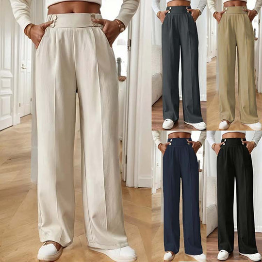 Damen Hochtaillierte Weite Palazzo‑Hose mit Bundknöpfen, Bügelfalte und Eingrifftaschen Shop Nory