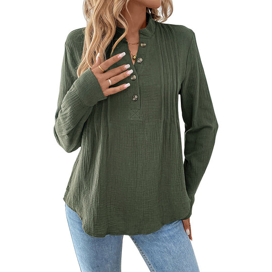 Damen Leichtes Crinkle-Henley-Blusenshirt mit Stehkragen, langen Ärmeln und entspannter Passform Shop Nory